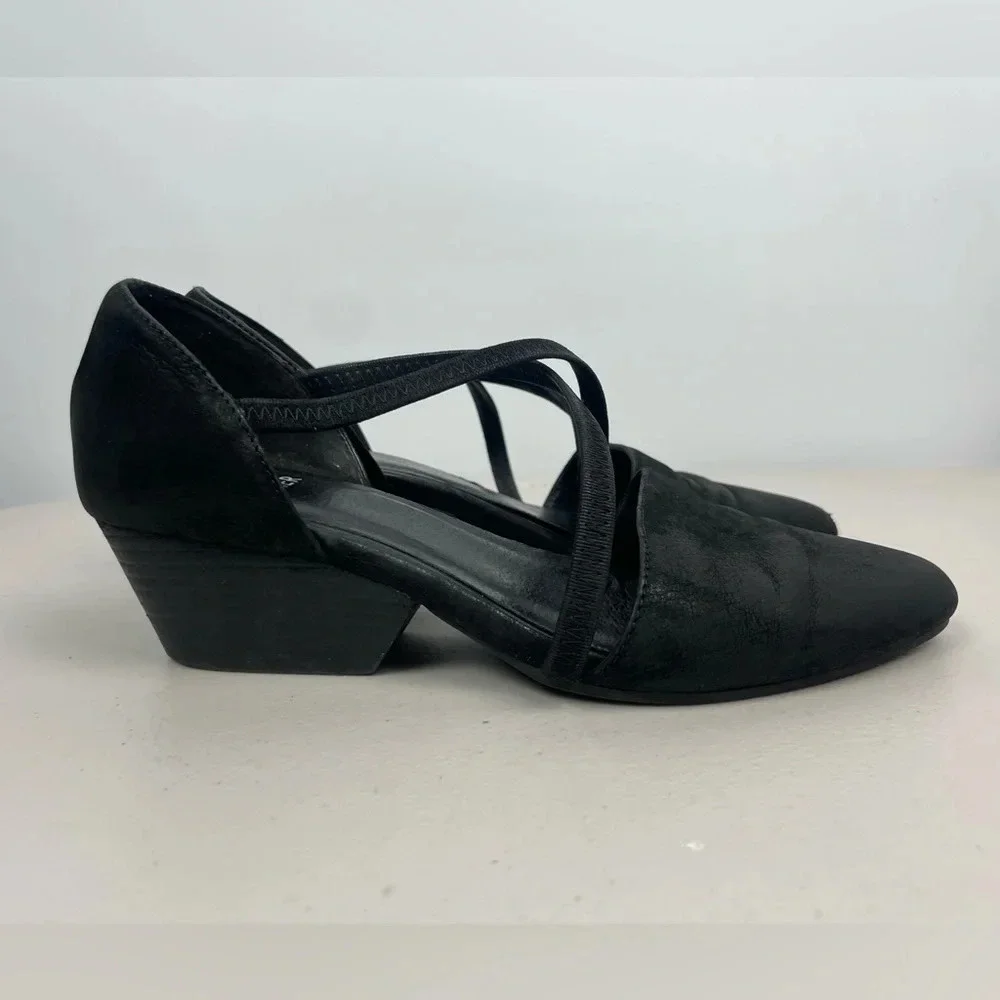 Eileen Fisher Black Poet Crisscross Strap Pointed Toe‎ Stacked Heel